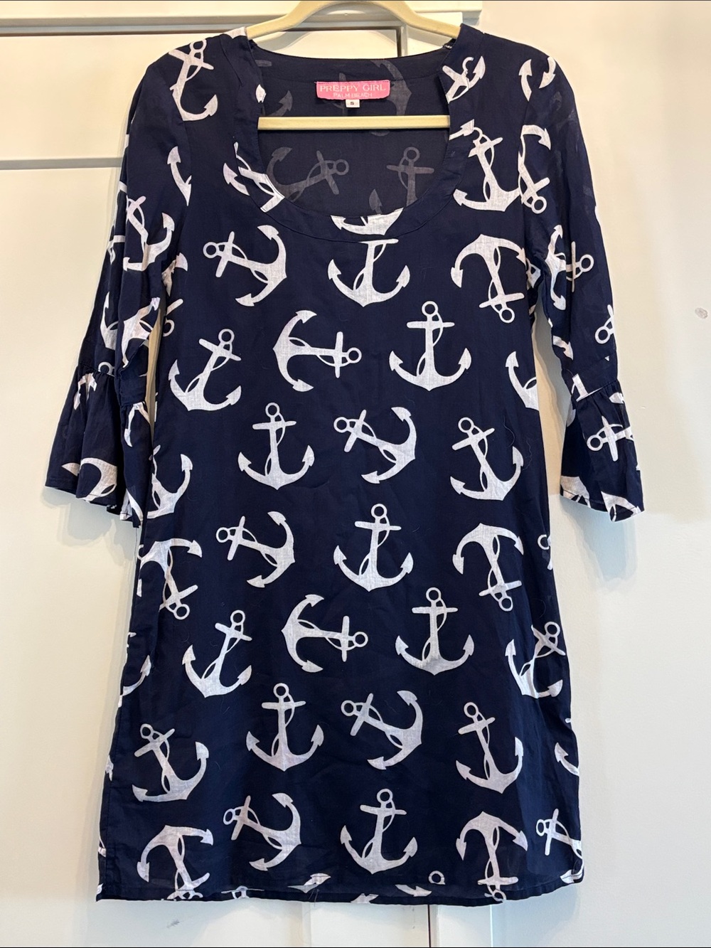 Preppy Girl Palm Beach Navy Blue Anchor Print Bell Sleeve Tunic Shift Dress